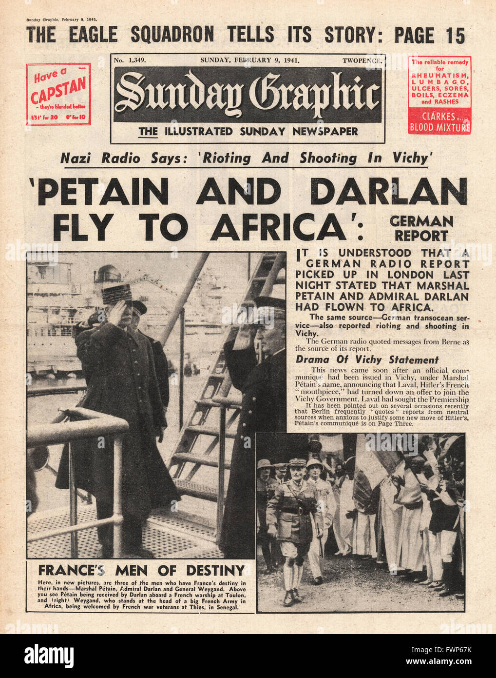 1941 front page Sunday Graphic Marshal Petain and Admiral Darlan negotiations Stock Photo