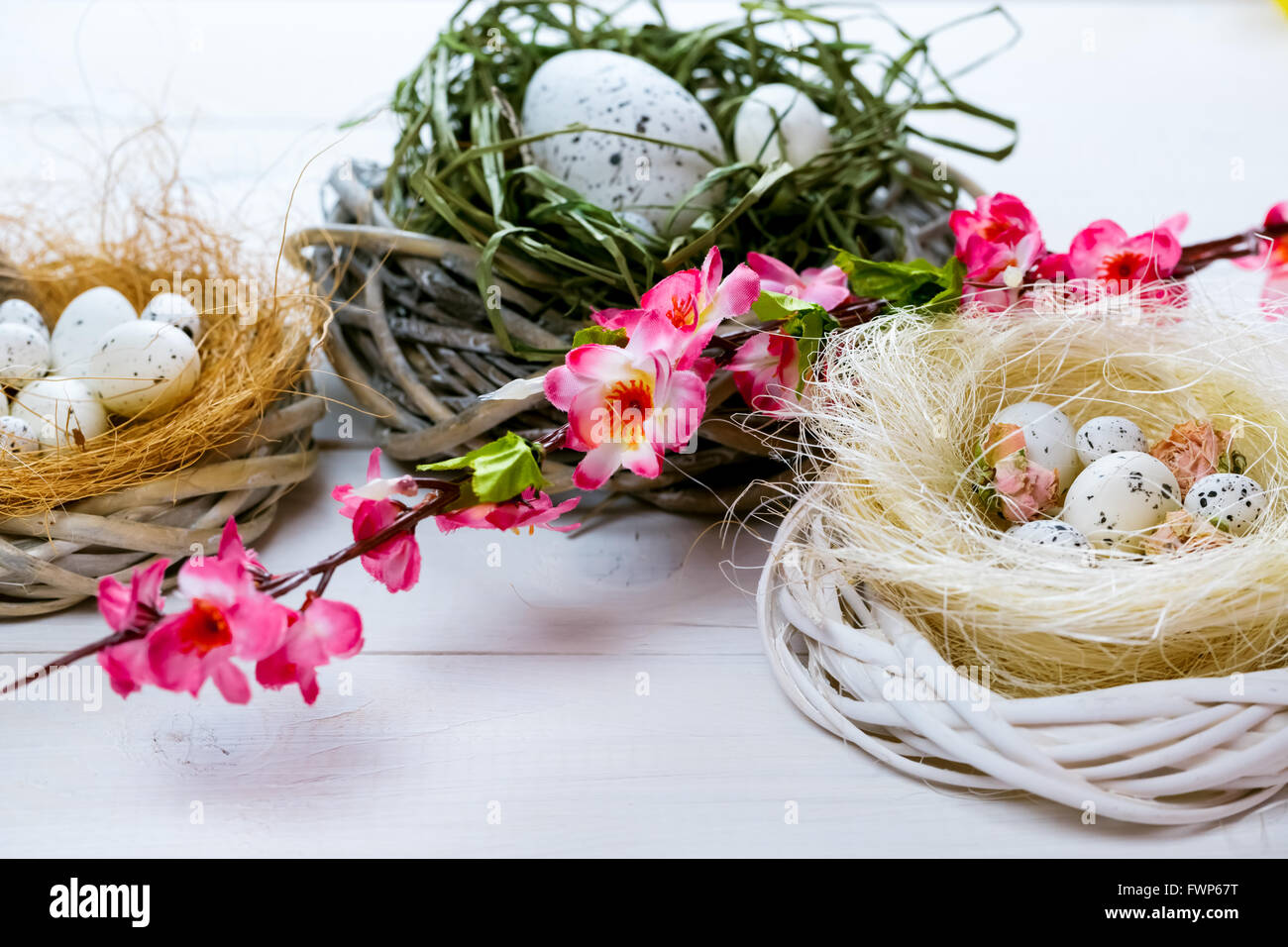 Beautiful Easter background with flowers and nest with eggs on white ...