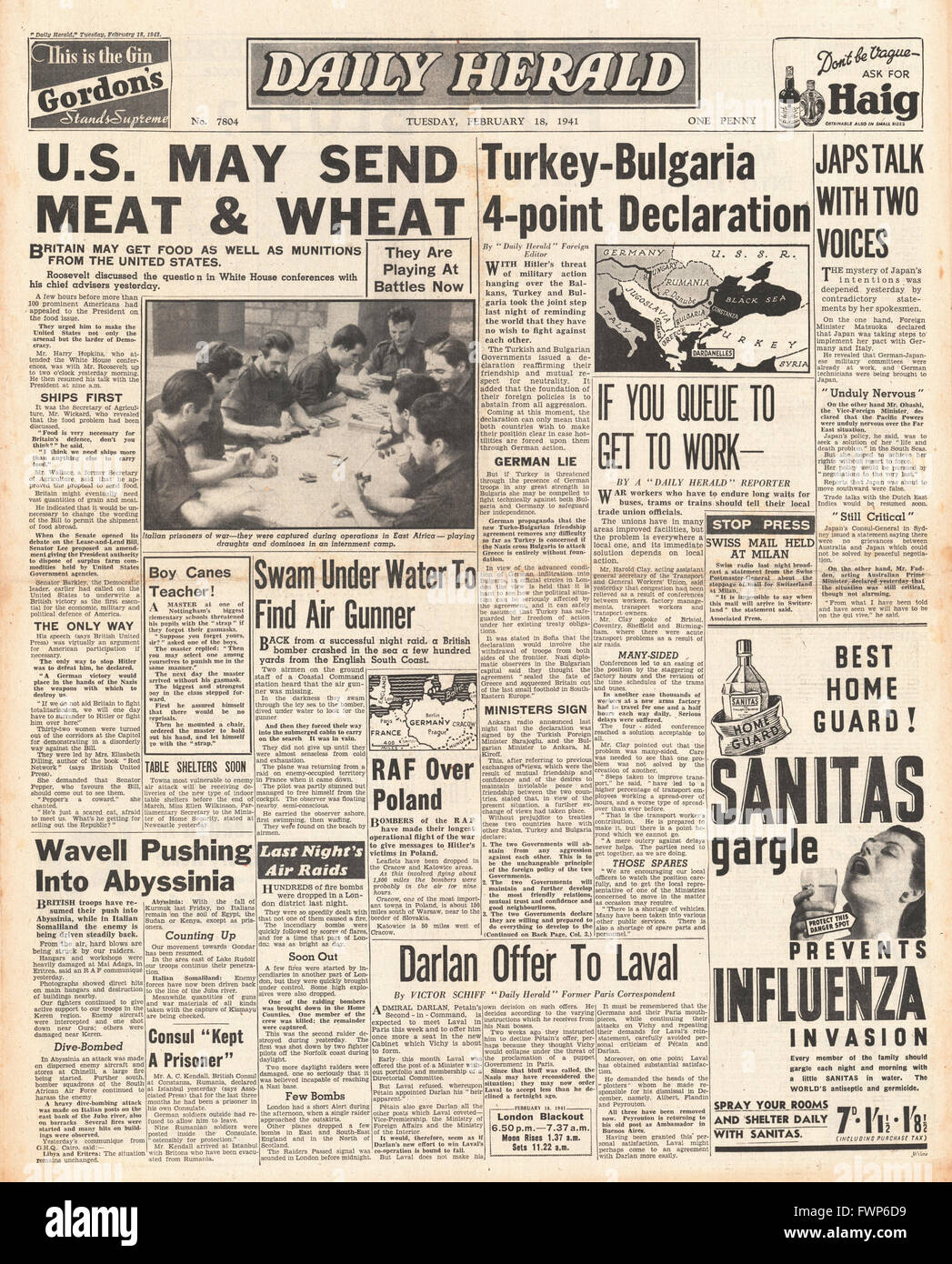 1941 front page Daily Herald Turkey and Bulgaria friendship pact and U.S.considers food supplies to Britain Stock Photo