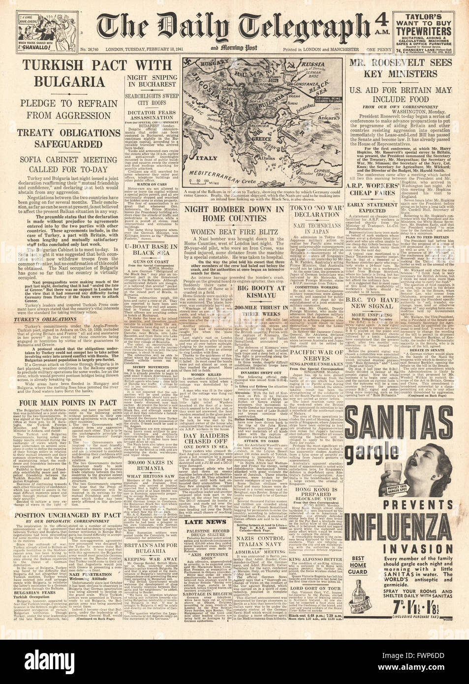 1941 front page Daily Telegraph Turkey and Bulgaria friendship pact and U.S.considers food supplies to Britain Stock Photo