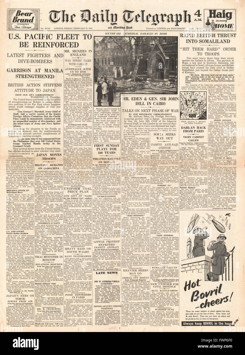 1941 front page Daily Telegraph U.S. sends bombers to the Pacific Stock Photo
