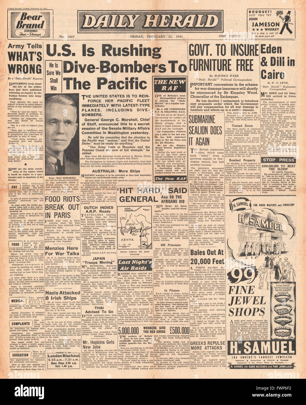 1941 front page Daily Herald U.S. sends bombers to the Pacific Stock Photo