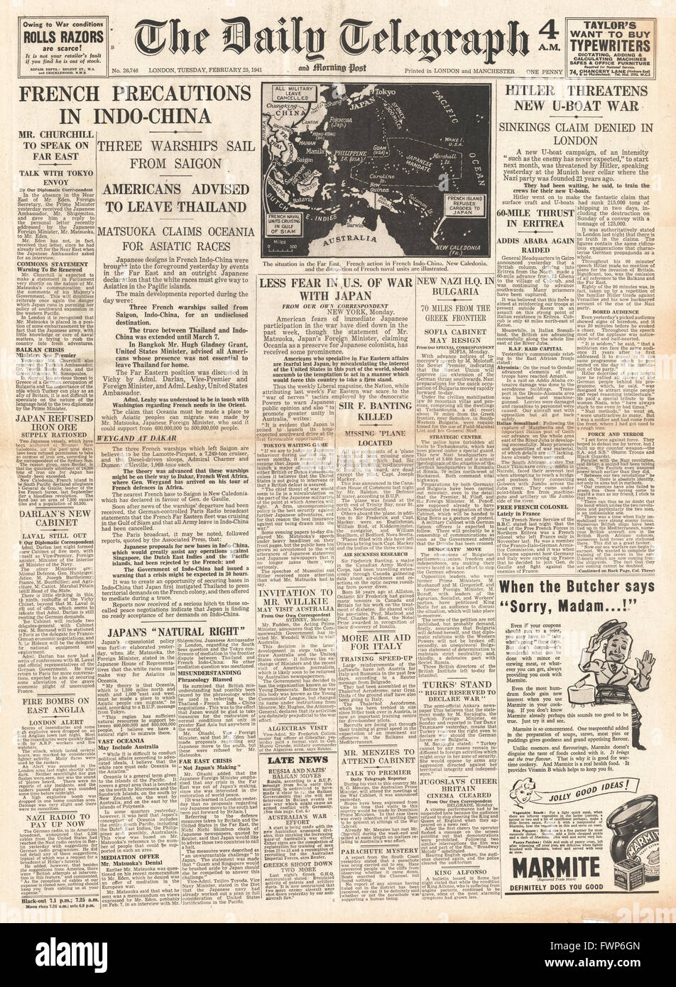 1941 front page  Daily Telegraph French precautions in Indo - China and Hitler threatens new U-Boat war Stock Photo