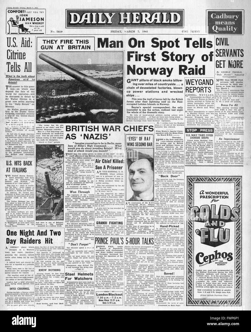 1941 front page Daily Herald British raid on the Lofoten Islands Stock Photo