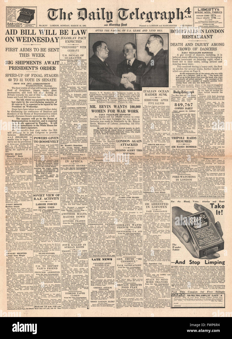 1941 front page Daily Telegraph U.S. Aid Bill passed by Senate, Ernest Bevin calls for more women in war work and Café de Paris bombed in London Stock Photo