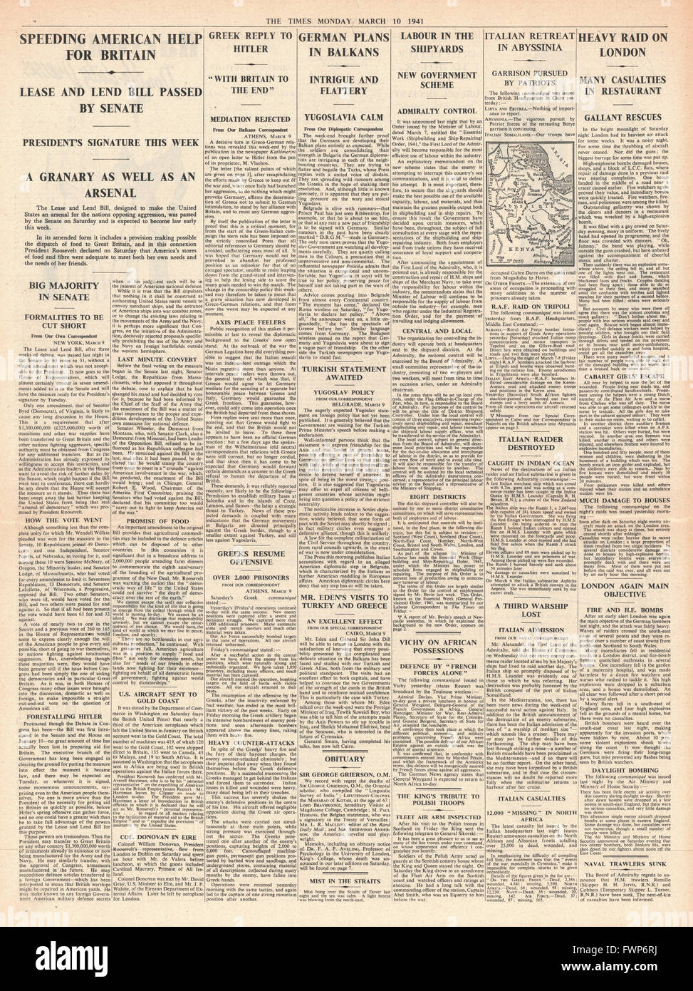 1941 page 4 The Times U.S. Aid Bill passed by Senate and Café de Paris bombed in London Stock Photo