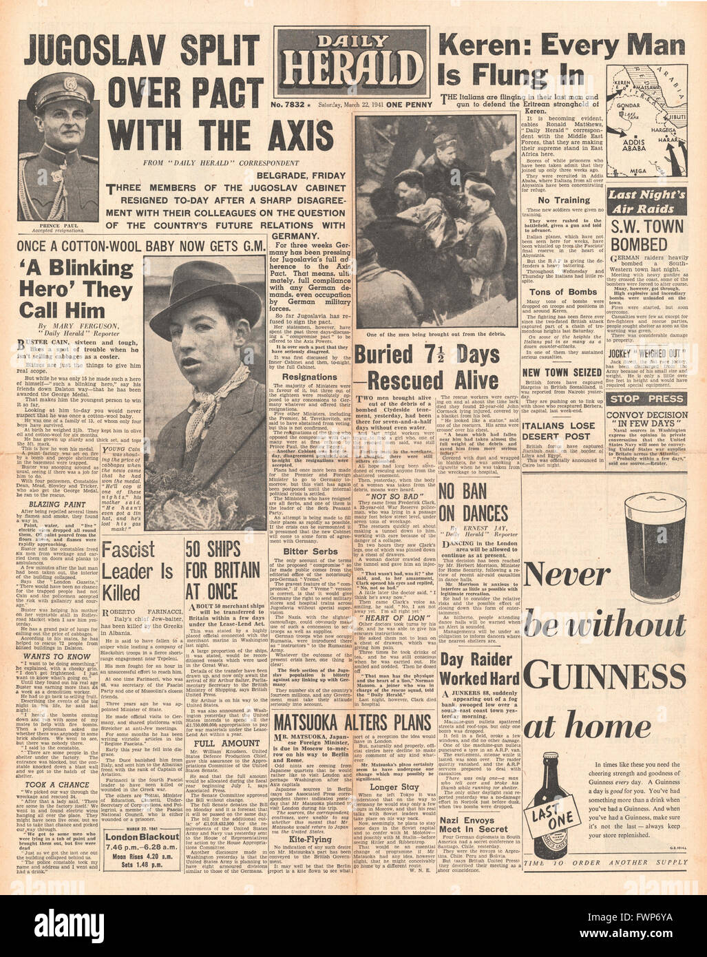 1941 front page  Daily Herald Cabinet Crisis in Yugoslavia Stock Photo
