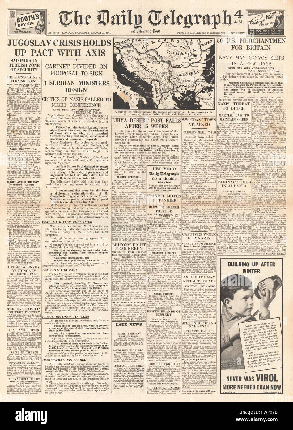 1941 front page  Daily Telegraph Cabinet Crisis in Yugoslavia Stock Photo