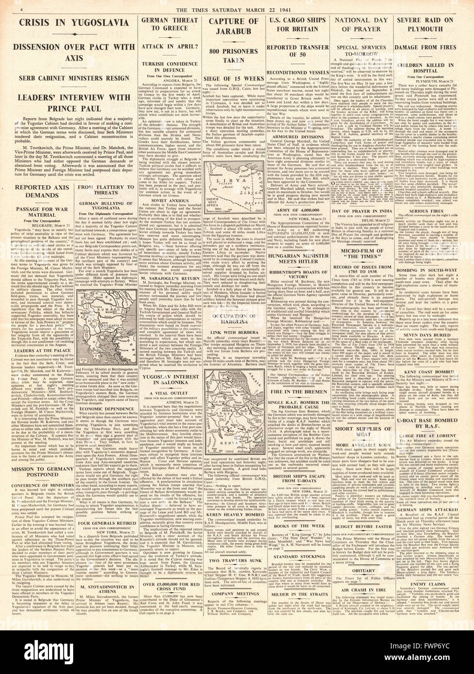 1941 page 4 The Times Cabinet Crisis in Yugoslavia and Jarabub is captured by British and Australian Troops Stock Photo