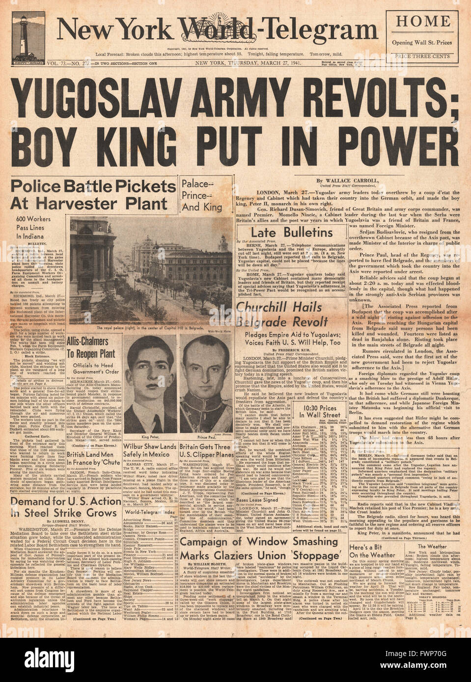 1941 front page New york World Telegram Revolution in Yugoslavia Stock Photo