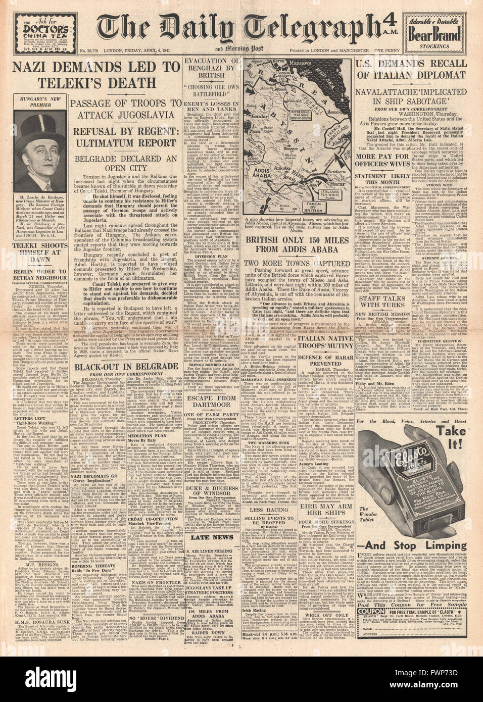 1941 front page Daily Telegraph Hungarian Premier Count Teleki Commits Suicide Stock Photo