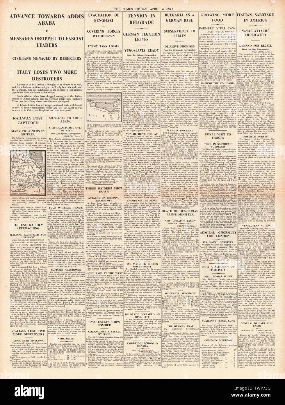 1941 page 4  The Times British Forces advance on Addis Ababa, Hungarian Premier Count Teleki Commits Suicide and British Forces give up Benghazi Stock Photo