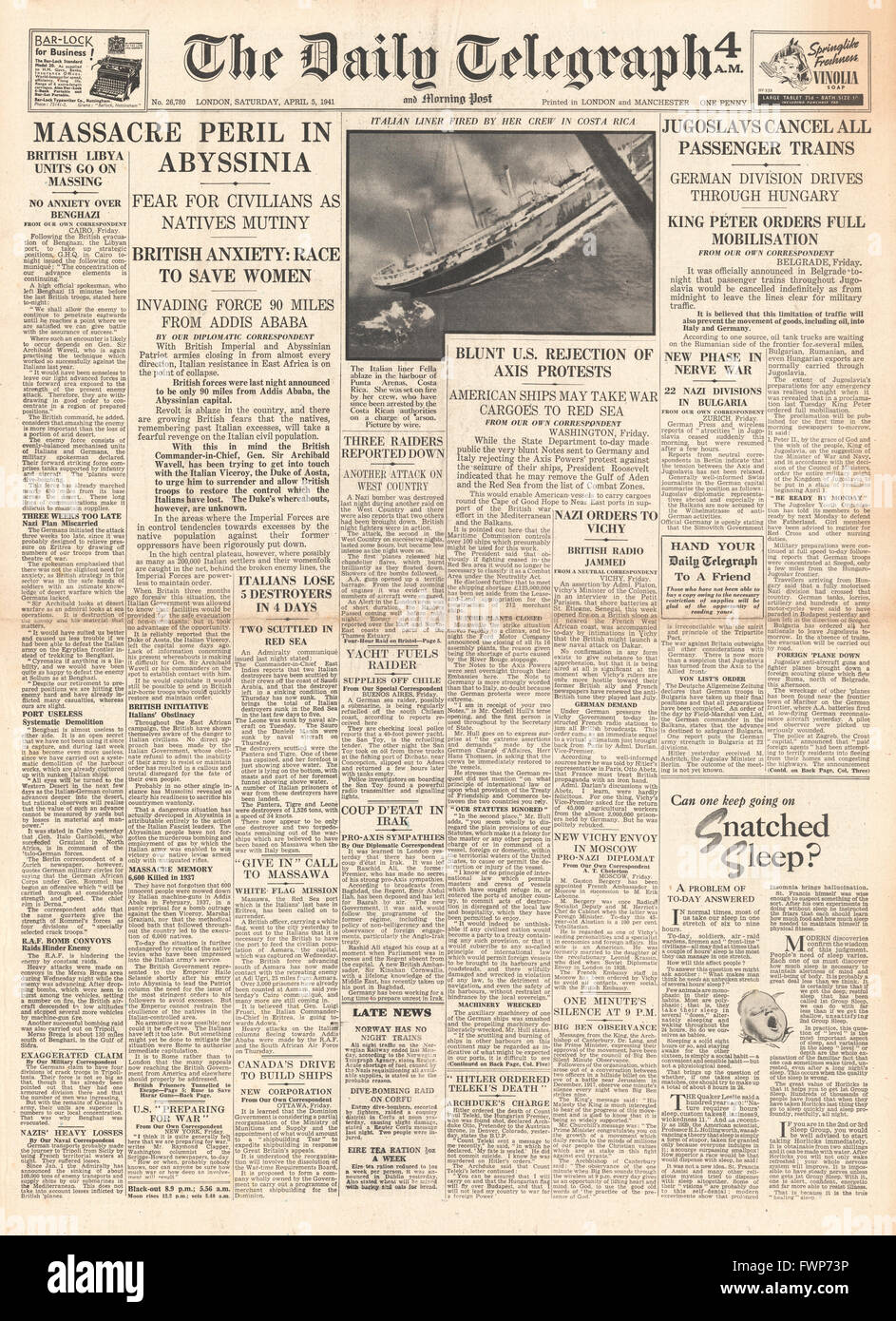 1941 front page  Daily Telegraph Ethnic Violence in Abyssinia Stock Photo