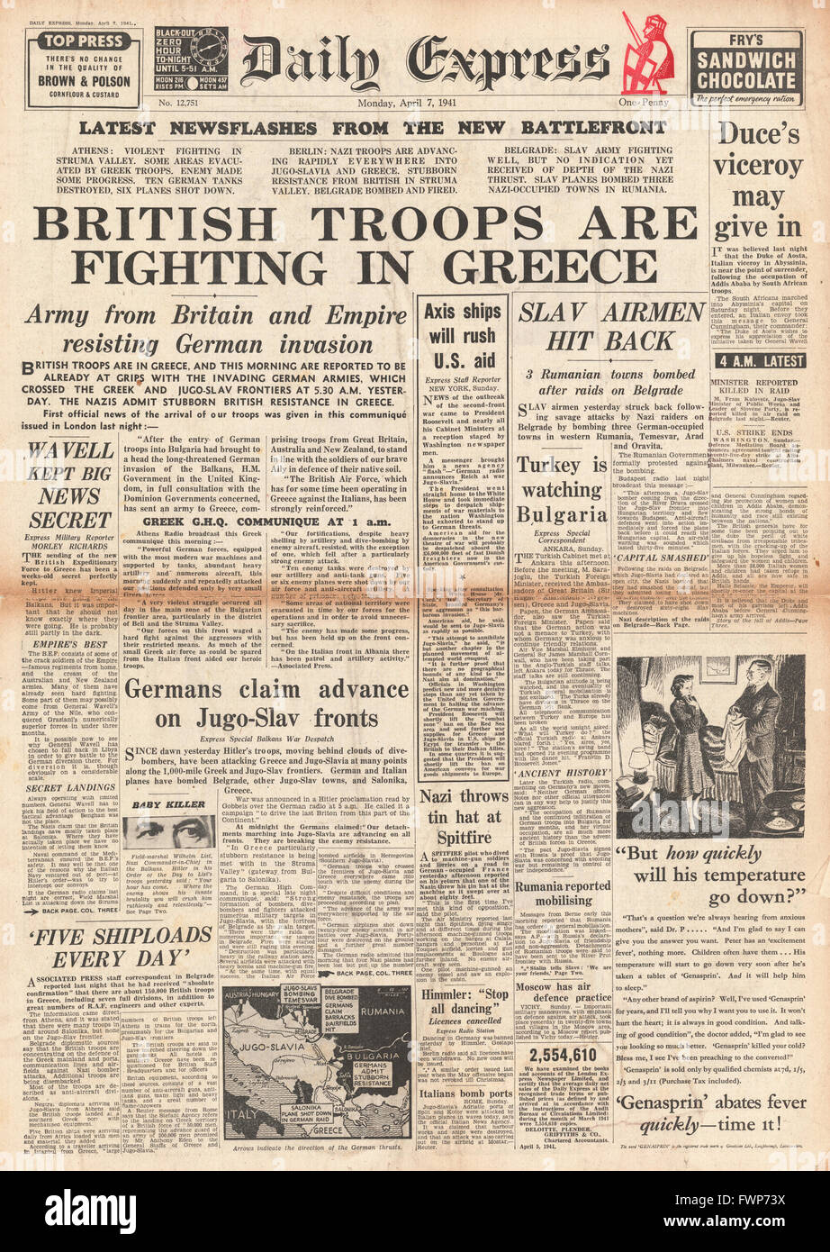 1941 front page Daily Express German invasion of Greece and Yugoslavia Stock Photo