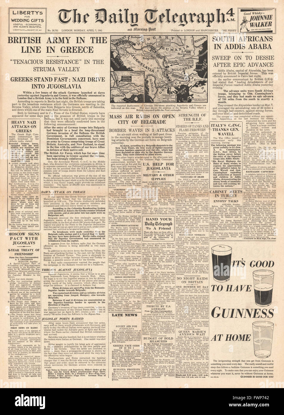 1941 front page  Daily Telegraph Germans invade Greece and Yugoslavia and Imperial Forces capture Addis Ababa Stock Photo