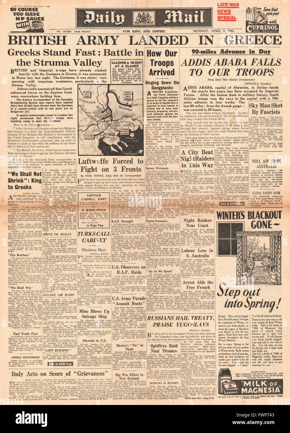 1941 front page  Daily Mail Germans invade Greece and Yugoslavia and Imperial Forces capture Addis Ababa Stock Photo