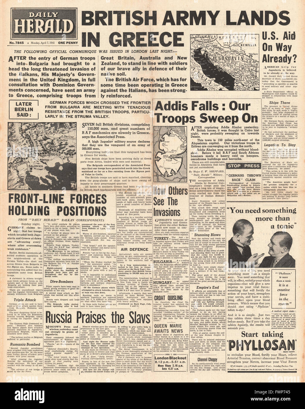 1941 front page  Daily Herald Germans invade Greece and Yugoslavia and Imperial Forces capture Addis Ababa Stock Photo