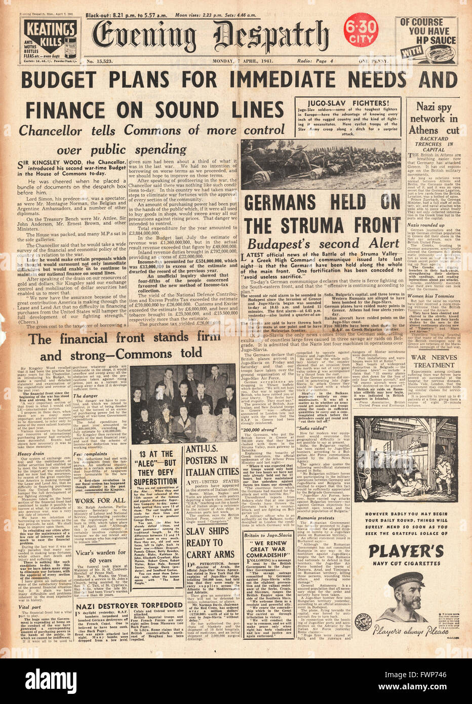 1941 front page Evening Dispatch Chancellor Kingsley Wood announces The Budget Stock Photo