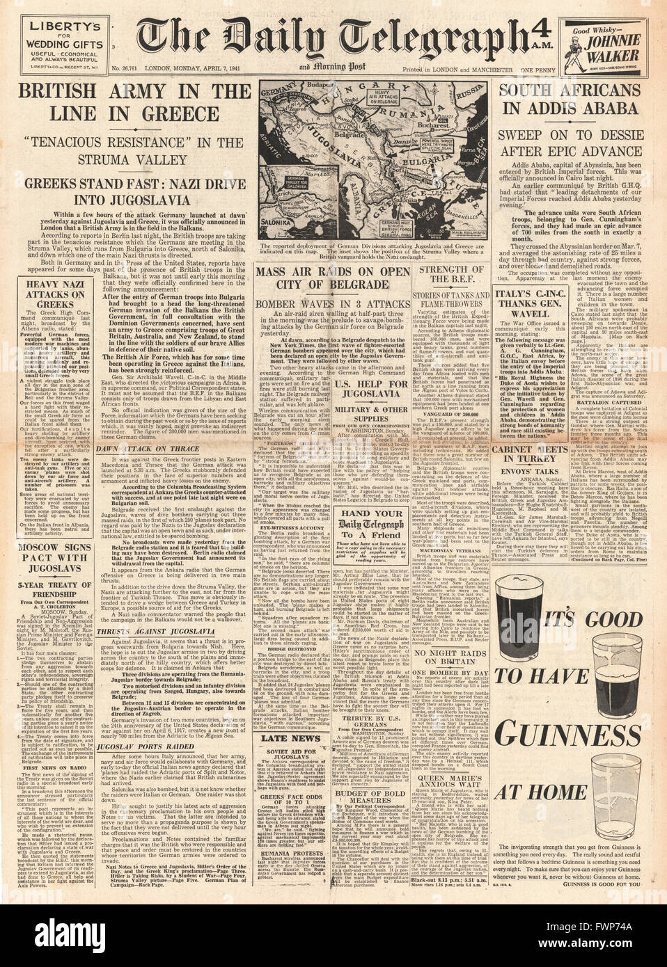 1941 front page  Daily Telegraph Germans invade Greece and Yugoslavia and Imperial Forces capture Addis Ababa Stock Photo