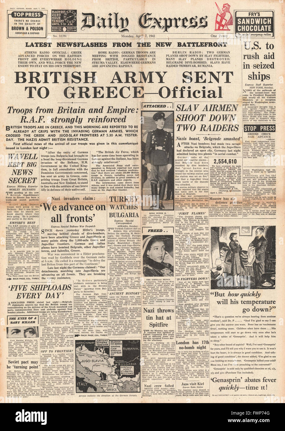 1941 front page  Daily Express Germans invade Greece and Yugoslavia and Imperial Forces capture Addis Ababa Stock Photo