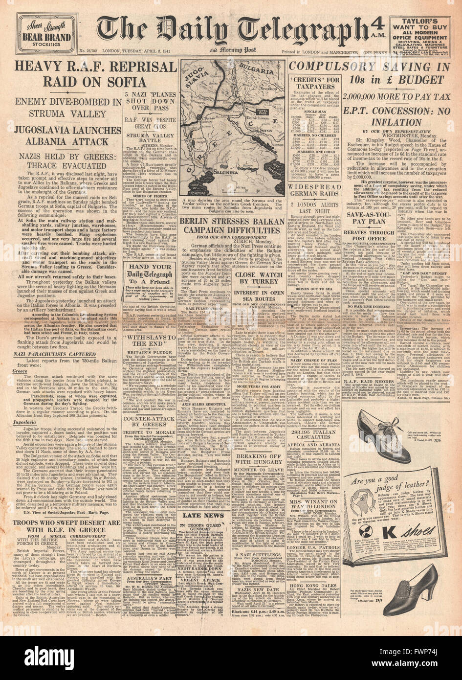 1941 front page  Daily Telegraph The Budget and RAF raid on Sofia Stock Photo