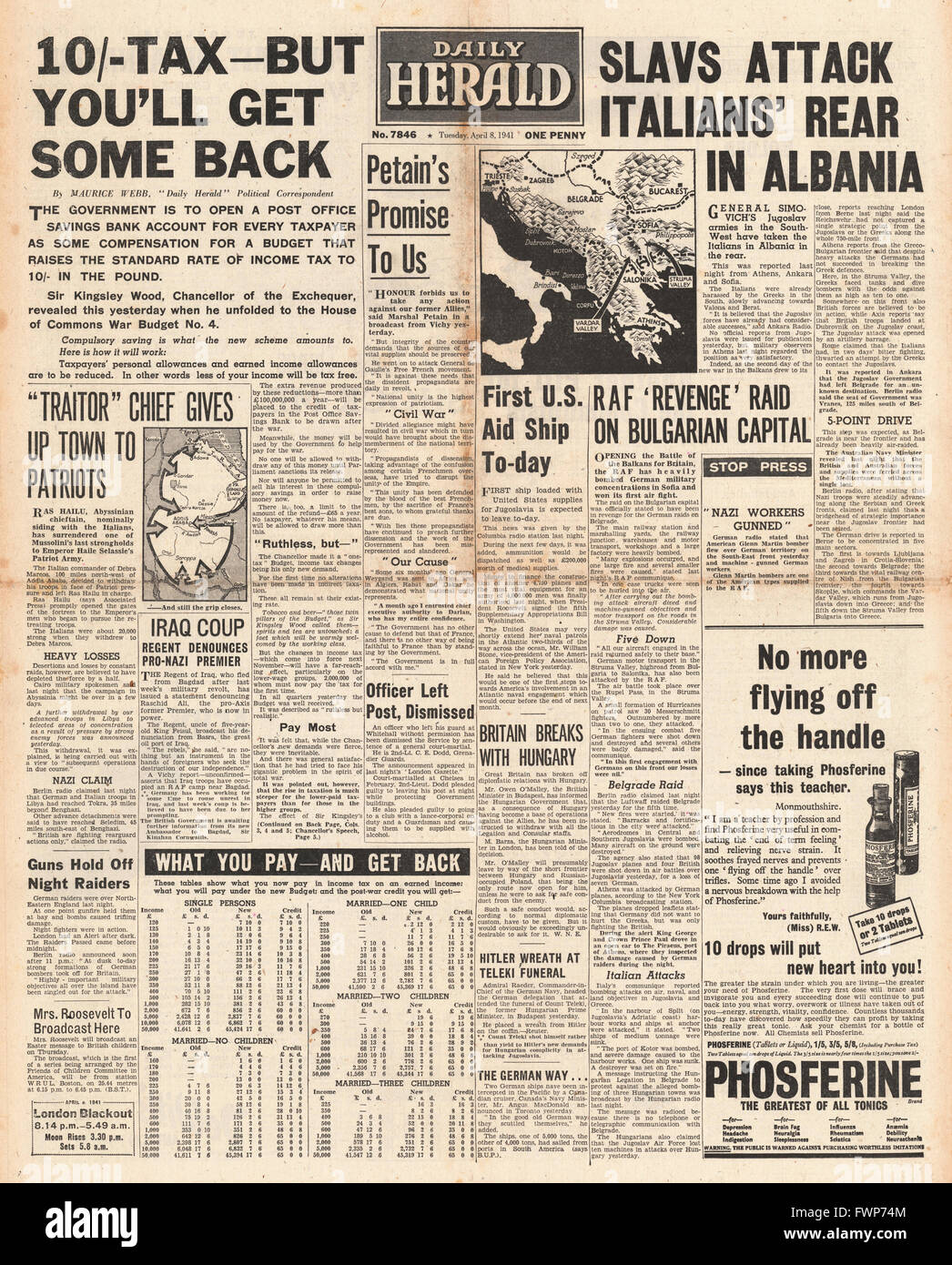 1941 front page  Daily Herald The Budget and RAF raid on Sofia Stock Photo