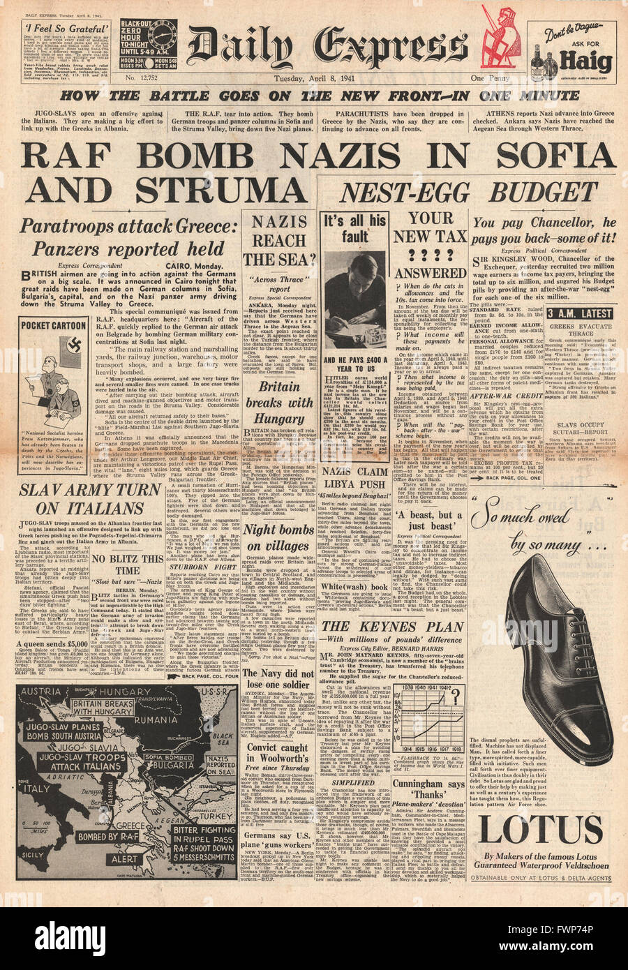 1941 front page  Daily Express The Budget and RAF raid on Sofia Stock Photo