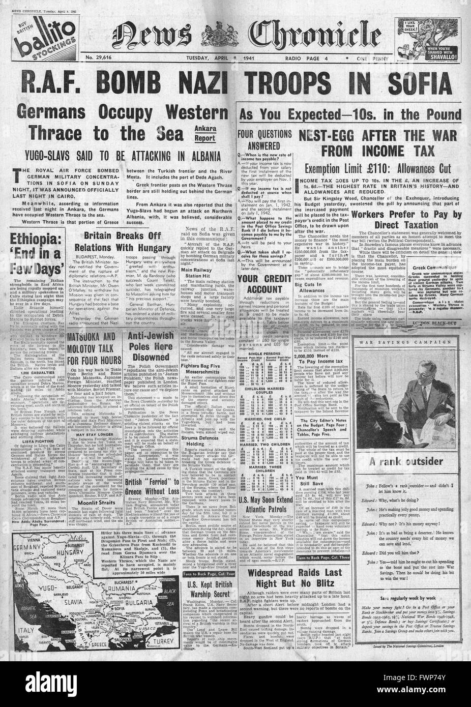 1941 front page  News Chronicle The Budget and RAF raid on Sofia Stock Photo