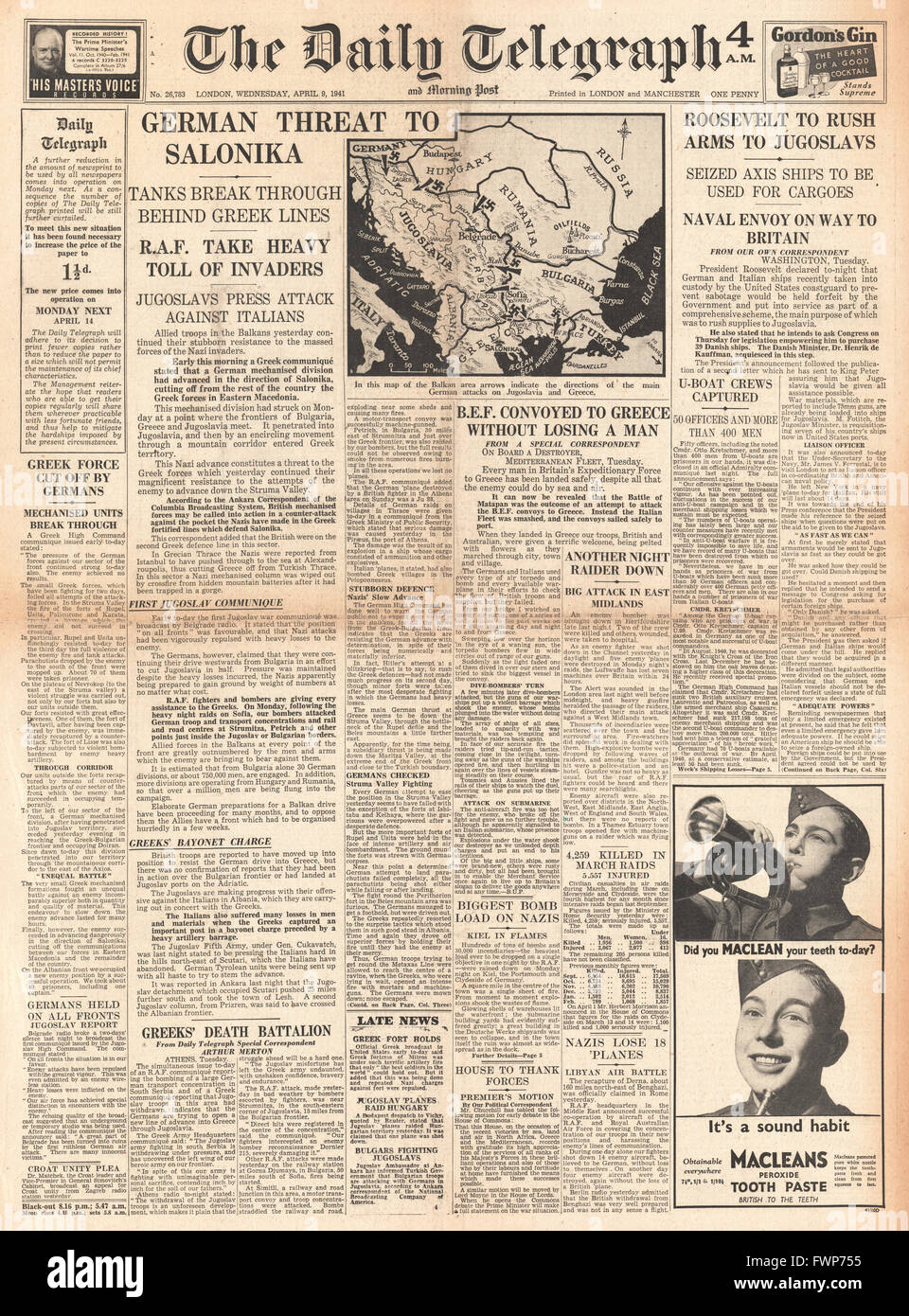 1941 front page Daily Telegraph German Army advances on Salonika Stock Photo