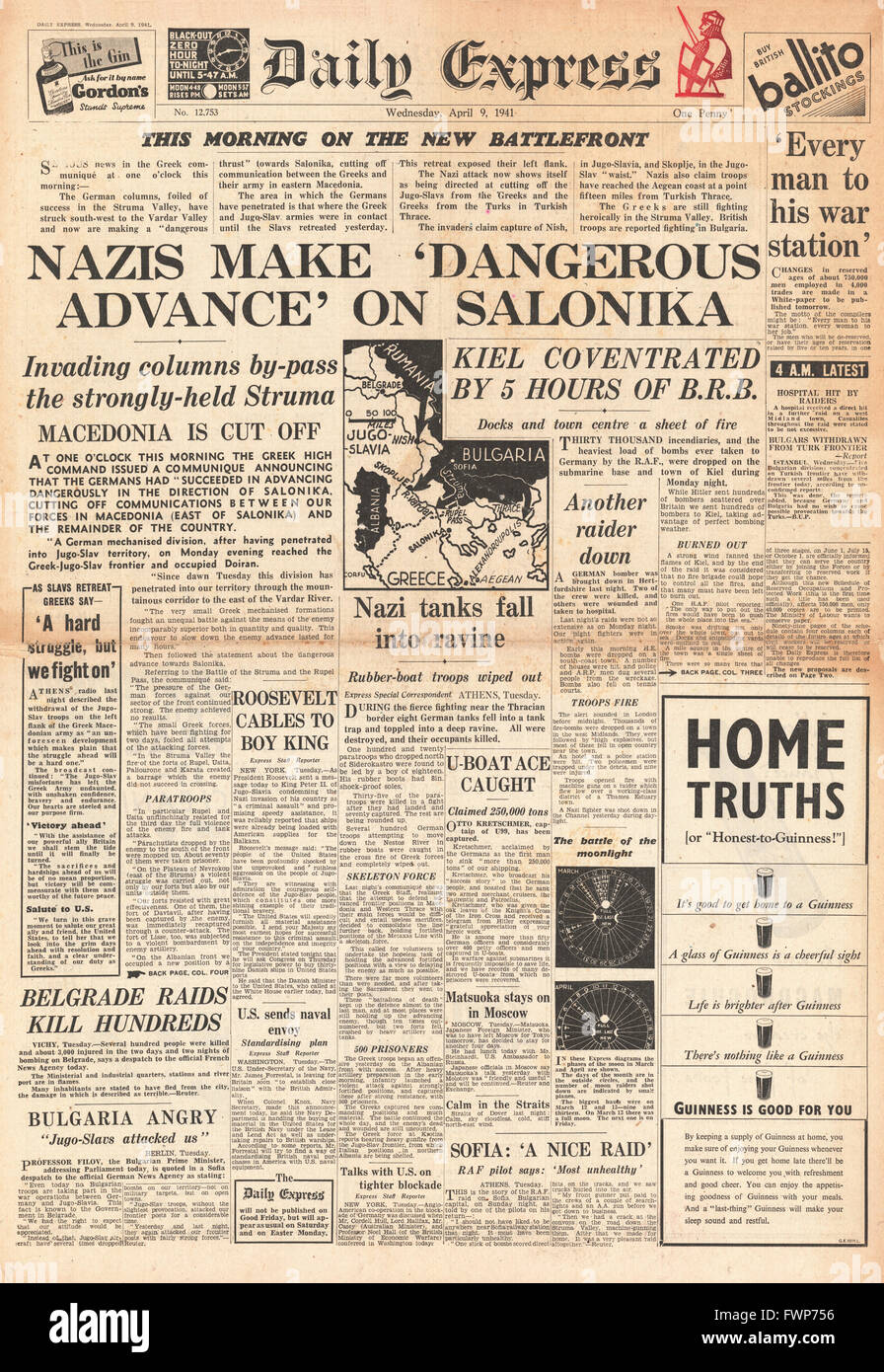 1941 front page Daily Express German Army advances on Salonika Stock Photo