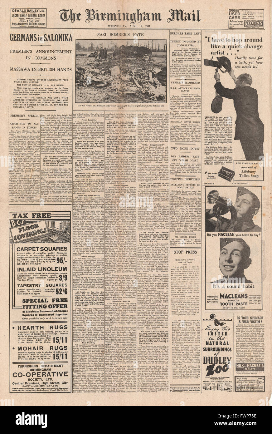 1941 front page Birmingham Mail German Army capture Salonika and British Forces capture port of Massawa Stock Photo