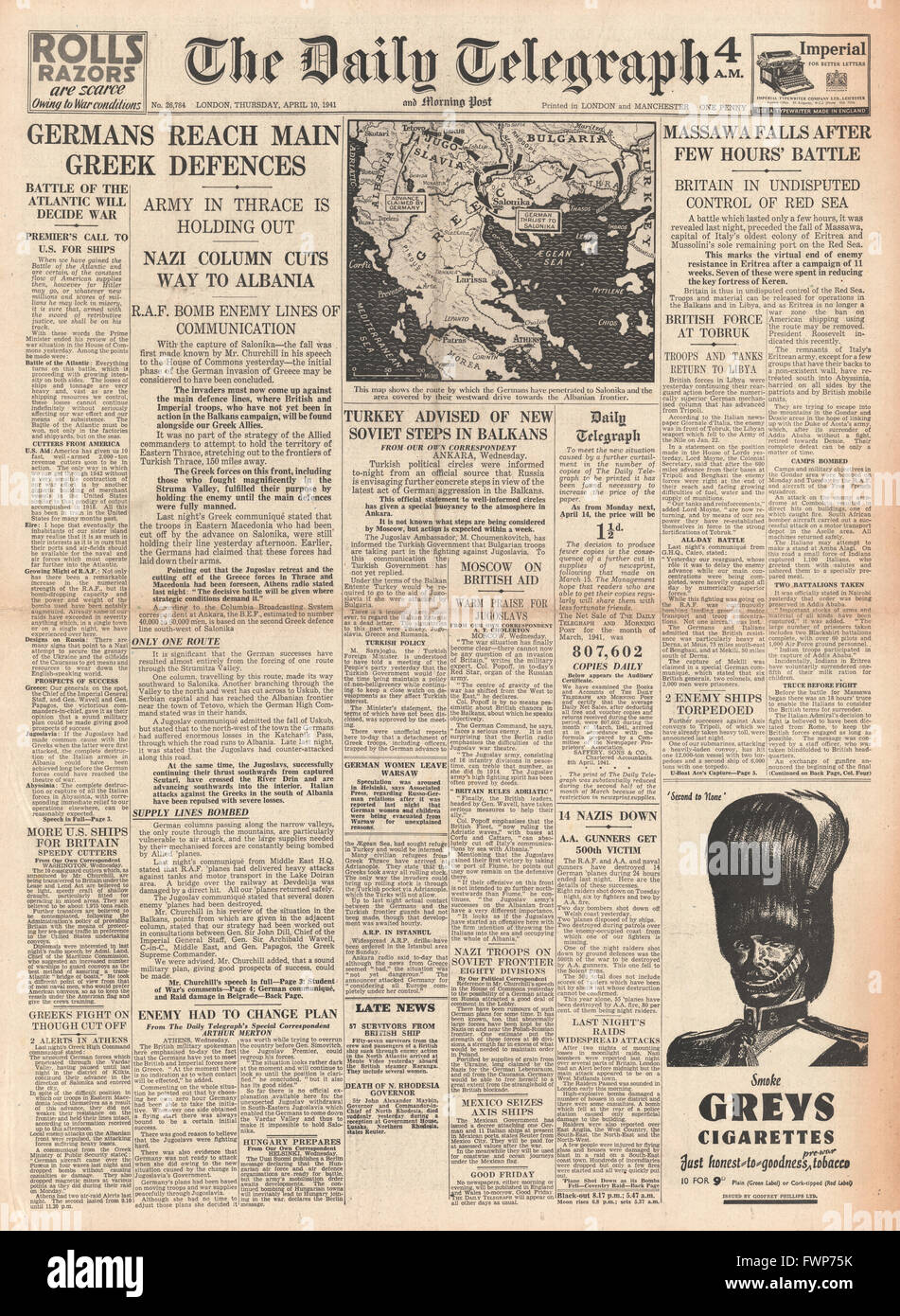 1941 front page Daily Telegraph German Army capture Salonika and British Forces capture port of Massawa Stock Photo