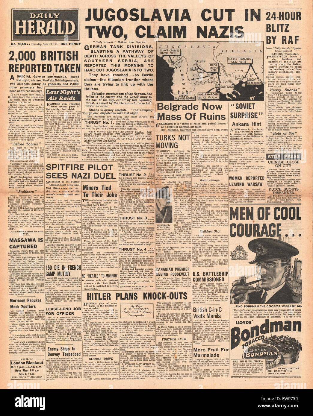 1941 front page  Daily Herald German Army Split Yugoslavia in two Stock Photo