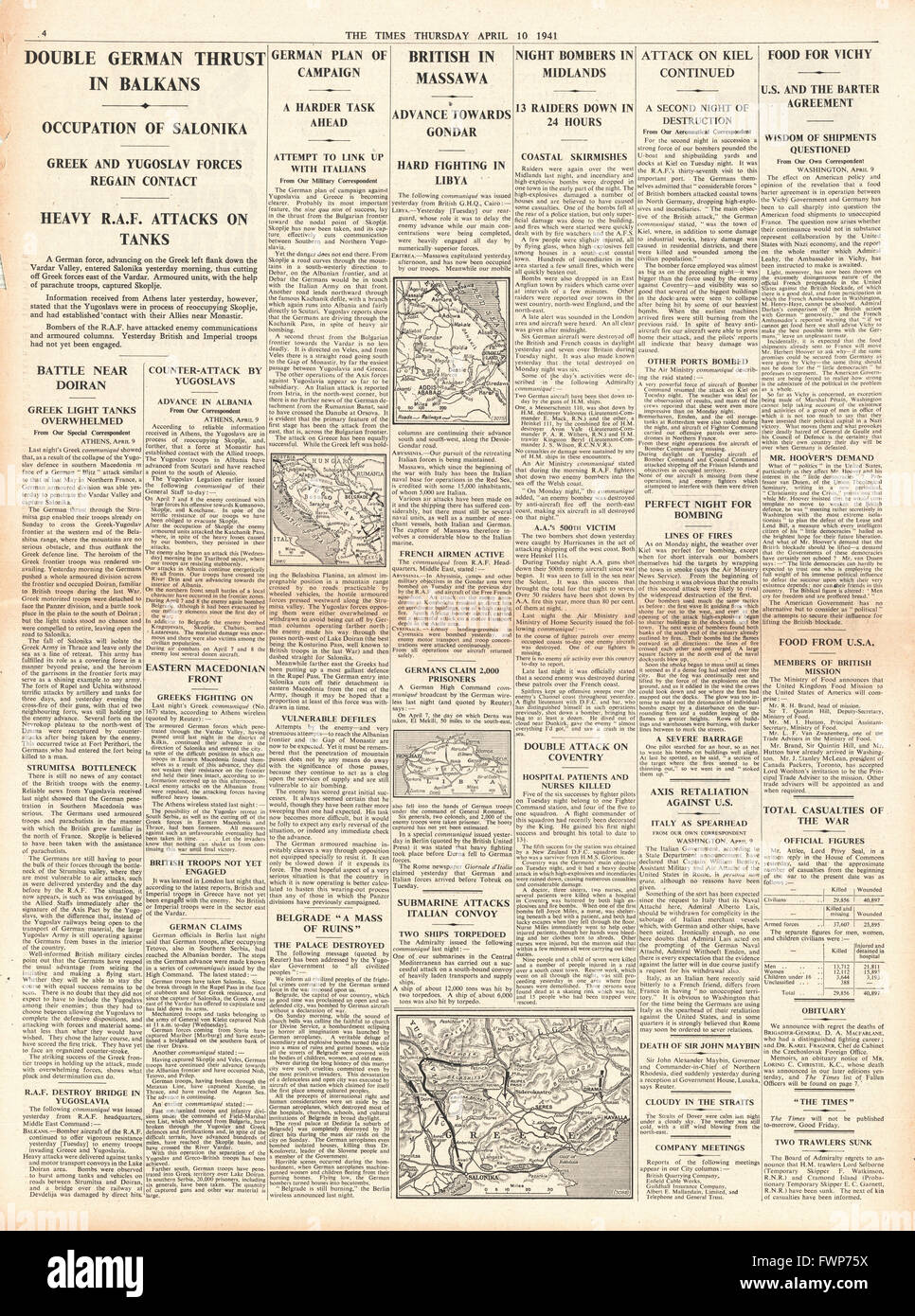 1941 page 4 The Times German Army capture Salonika and British Forces capture port of Massawa Stock Photo