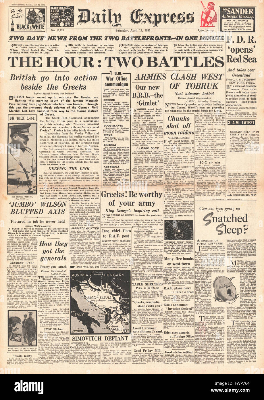 1941 front page Daily Express British Army battle German forces in Greece Stock Photo