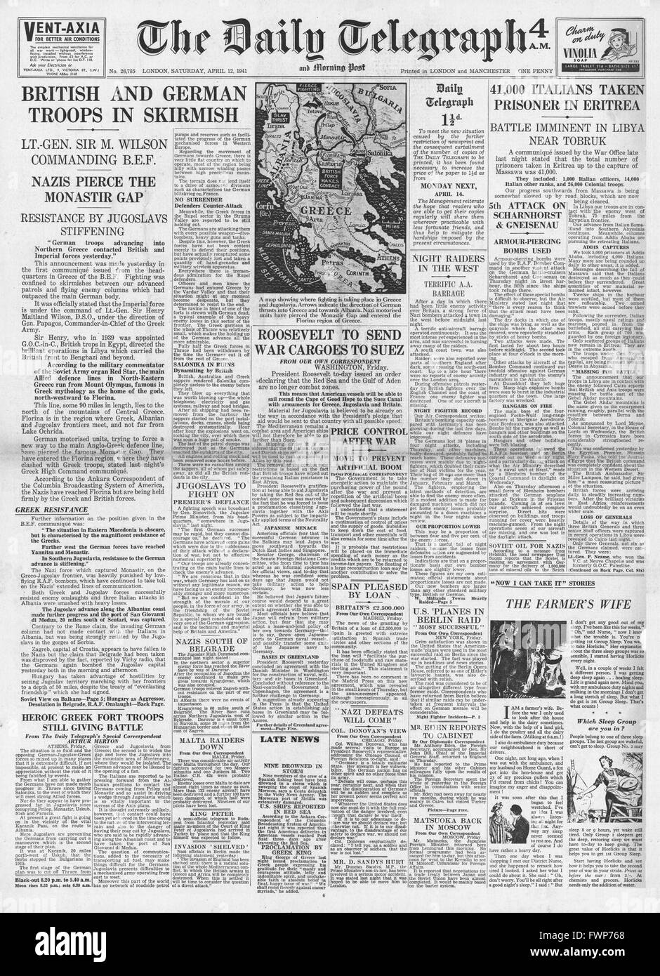 1941 front page Daily Telegraph British Army battle German forces in Greece Stock Photo