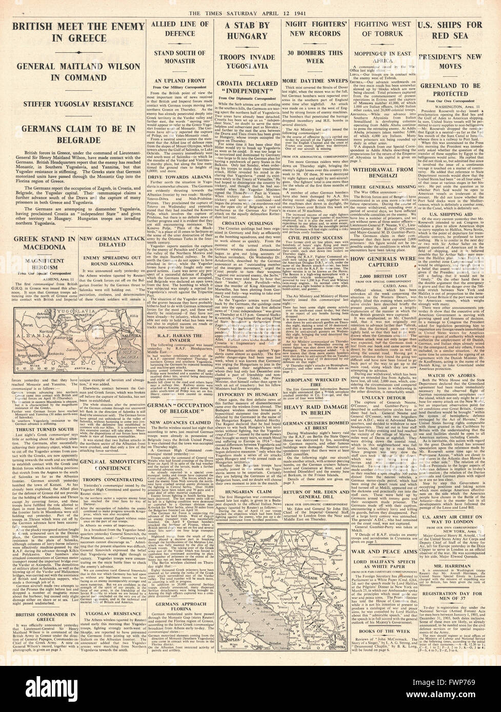 1941 page 4 The Times British Army battle German forces in Greece Stock Photo