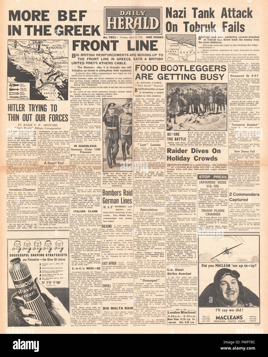 1941 front page Daily Herald German forces held in Greece and at Tobruk Stock Photo