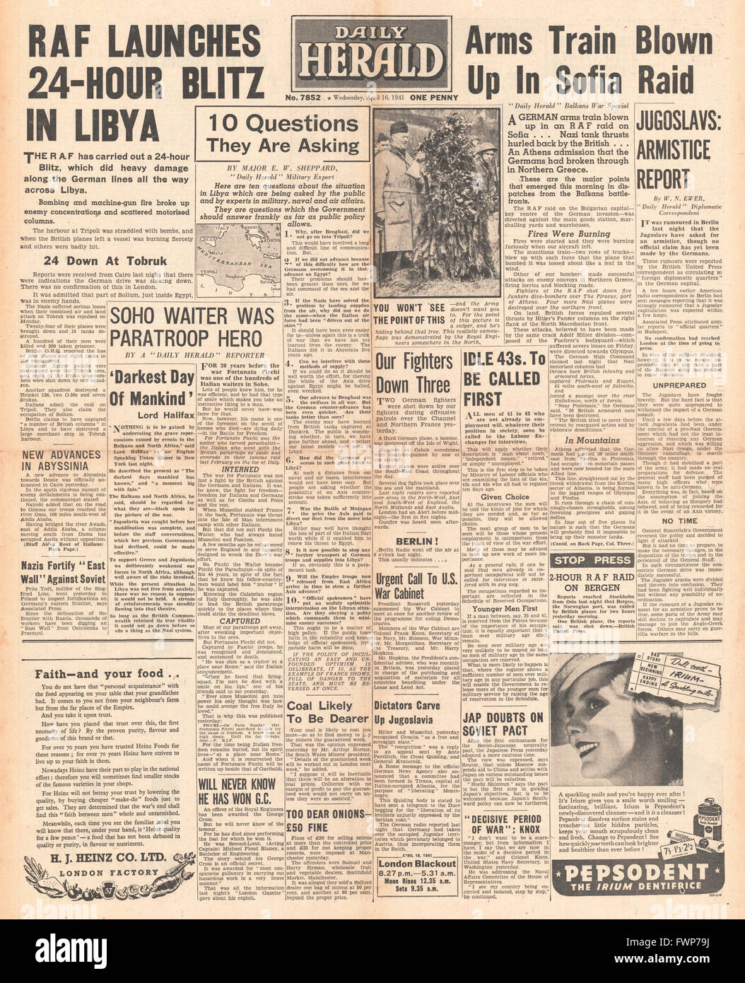 1941 front page Daily Herald RAF attack German forces in Libya and arms train in Sofia Stock Photo