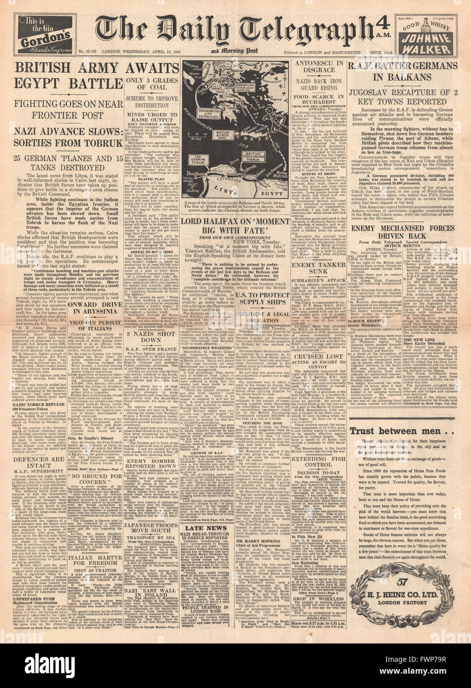 1941 front page Daily Telegraph British Army awaits Egypt battle and RAF attack German forces in the Balkans Stock Photo