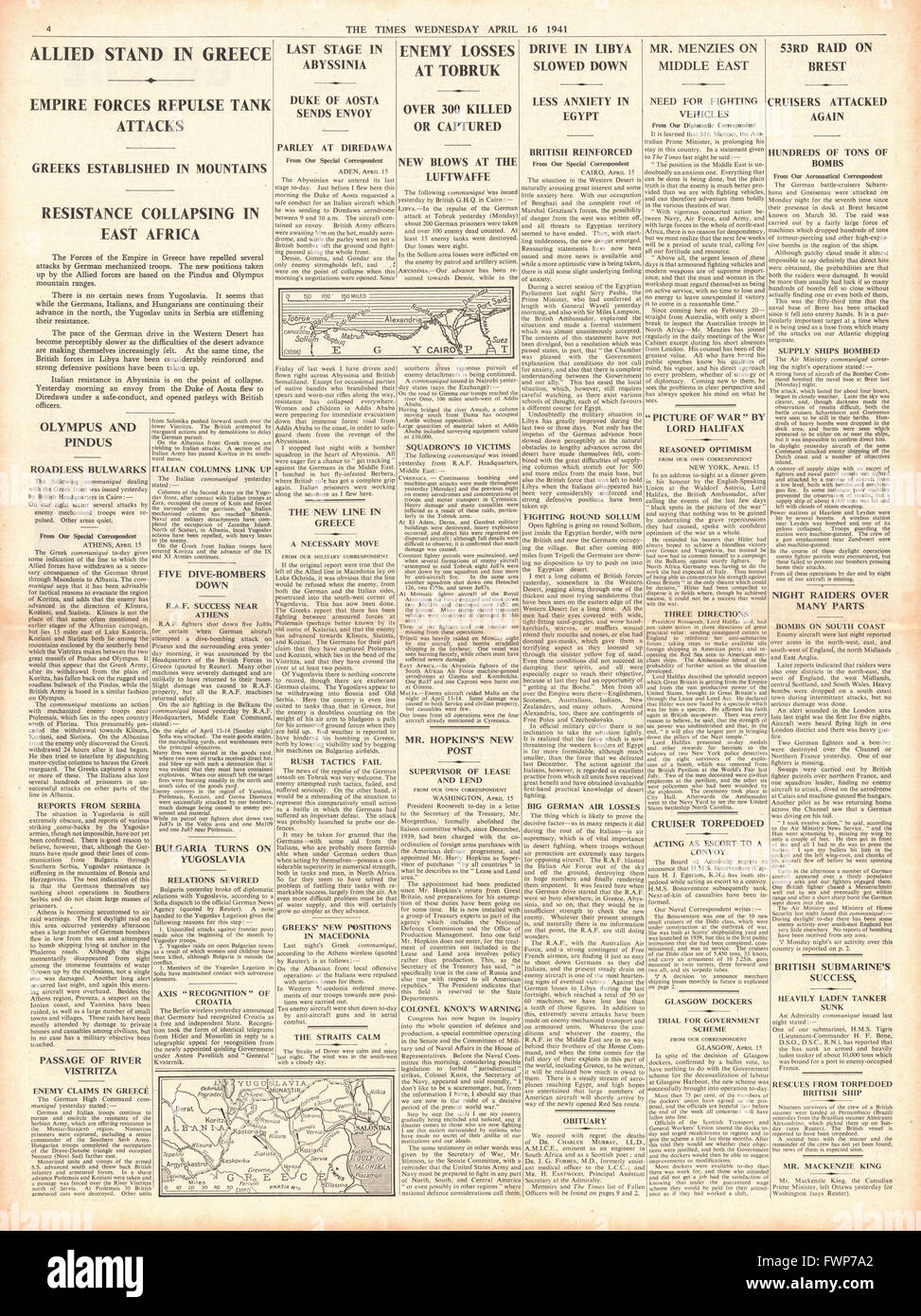 1941 page 4 The Times German forces held in Greece and at Tobruk Stock Photo