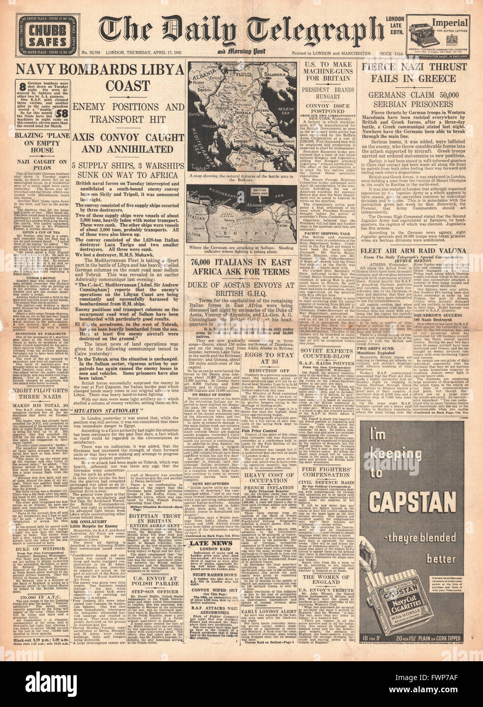 1941 front page  Daily Telegraph Royal Navy bombard coast of Libya and German forces held in Greece Stock Photo
