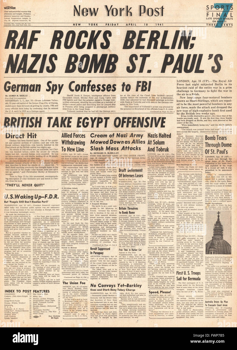 1941 front page New York Post RAF raid Berlin and Luftwaffe bomb London Stock Photo
