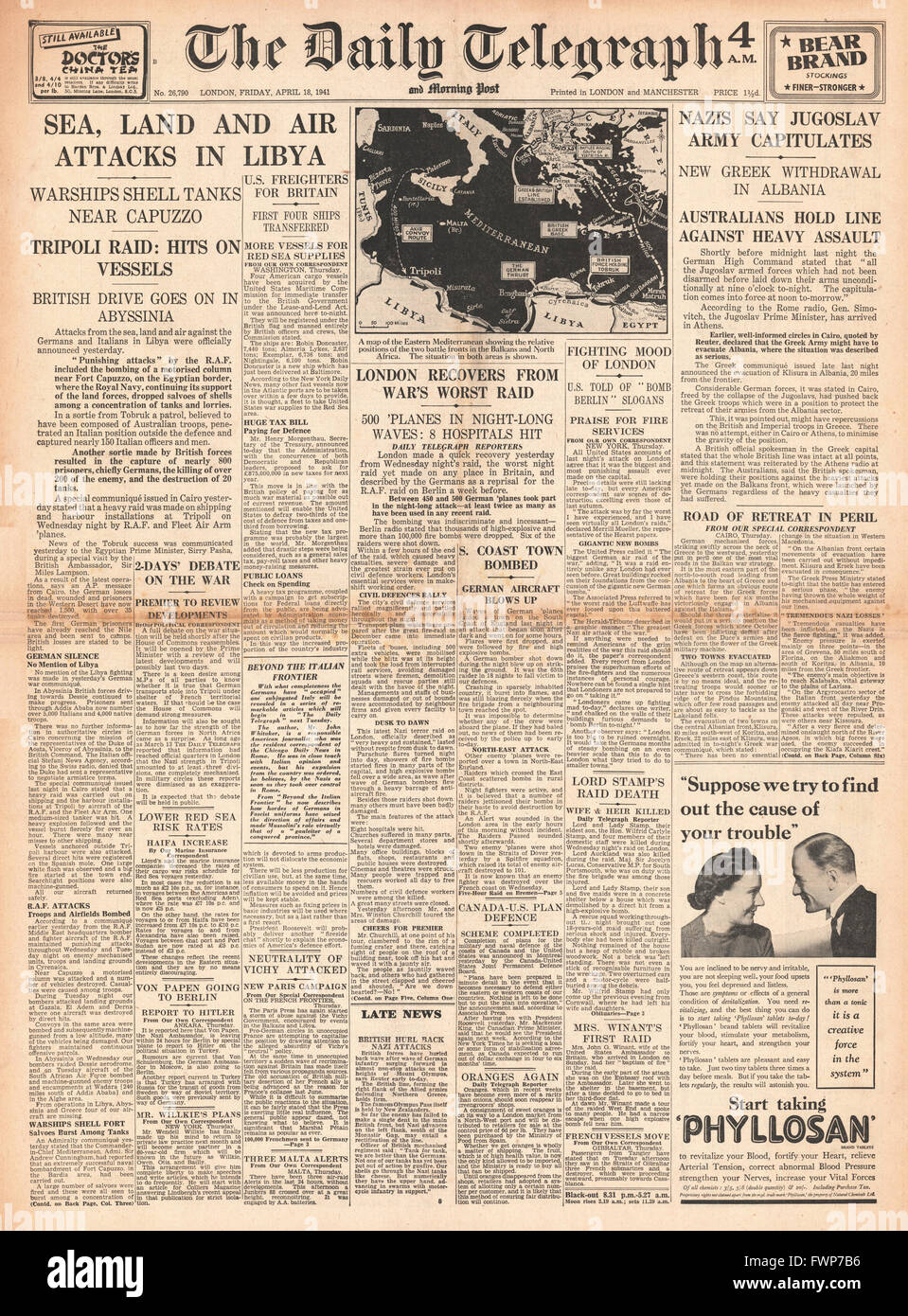 1941 front page Daily Telegraph Heavy fighting around Libya and bombing raid on London Stock Photo