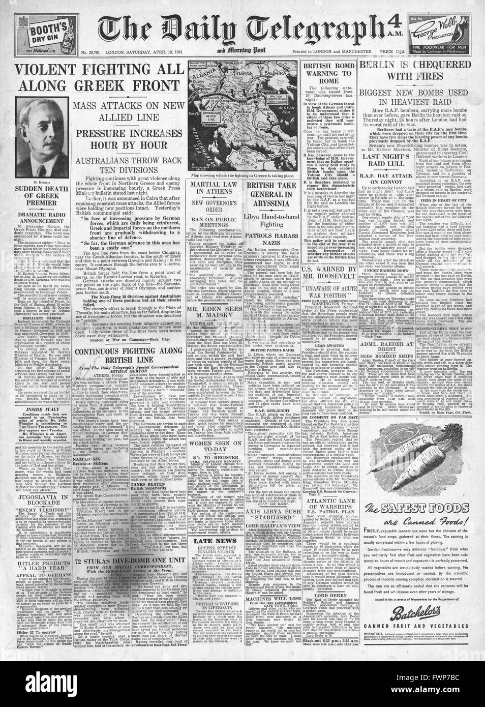 1941 front page Daily Telegraph Heavy fighting in Libya Stock Photo