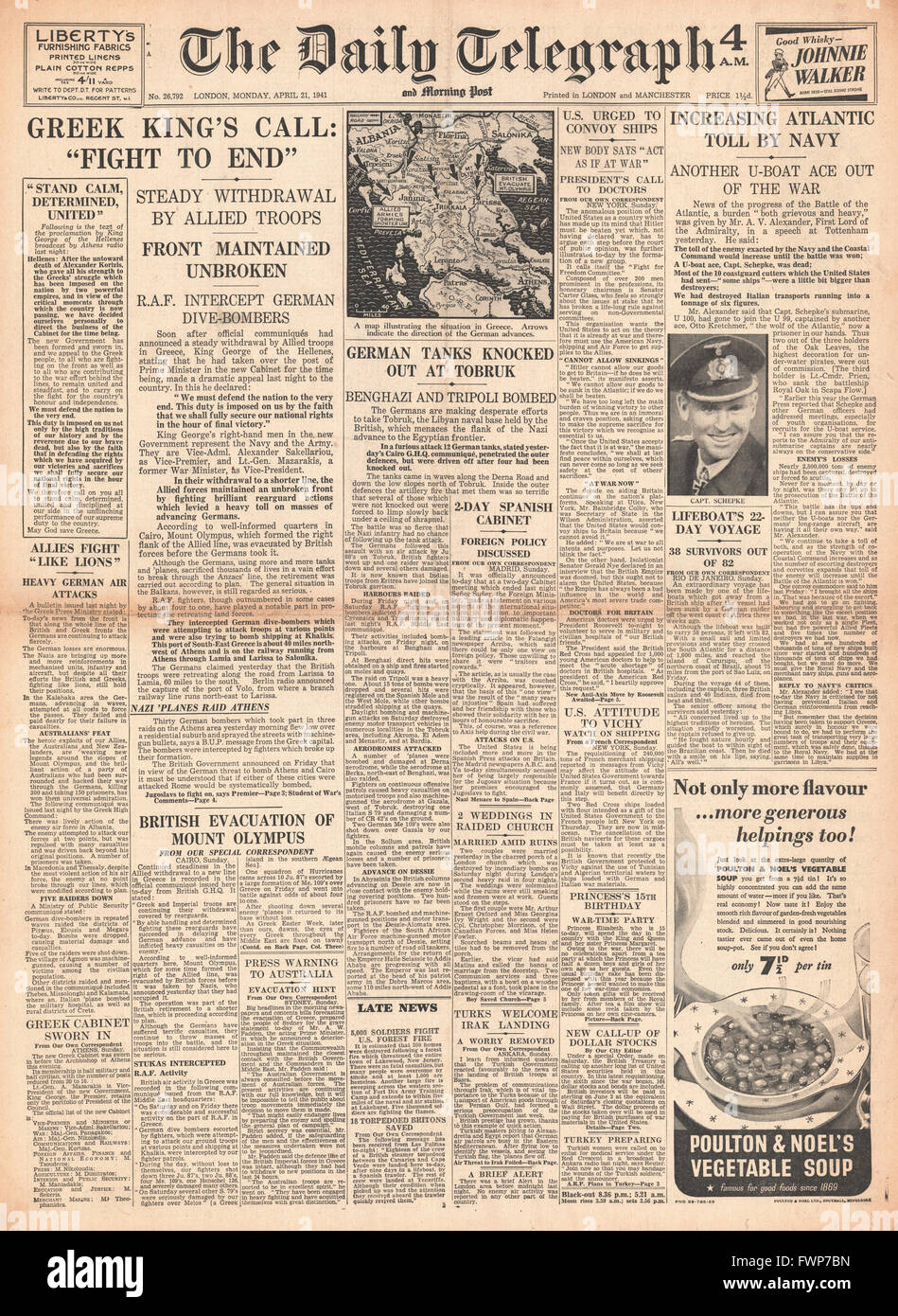 1941 front page Daily Telegraph King George of Greece calls to end fighting and U-Boat war Stock Photo