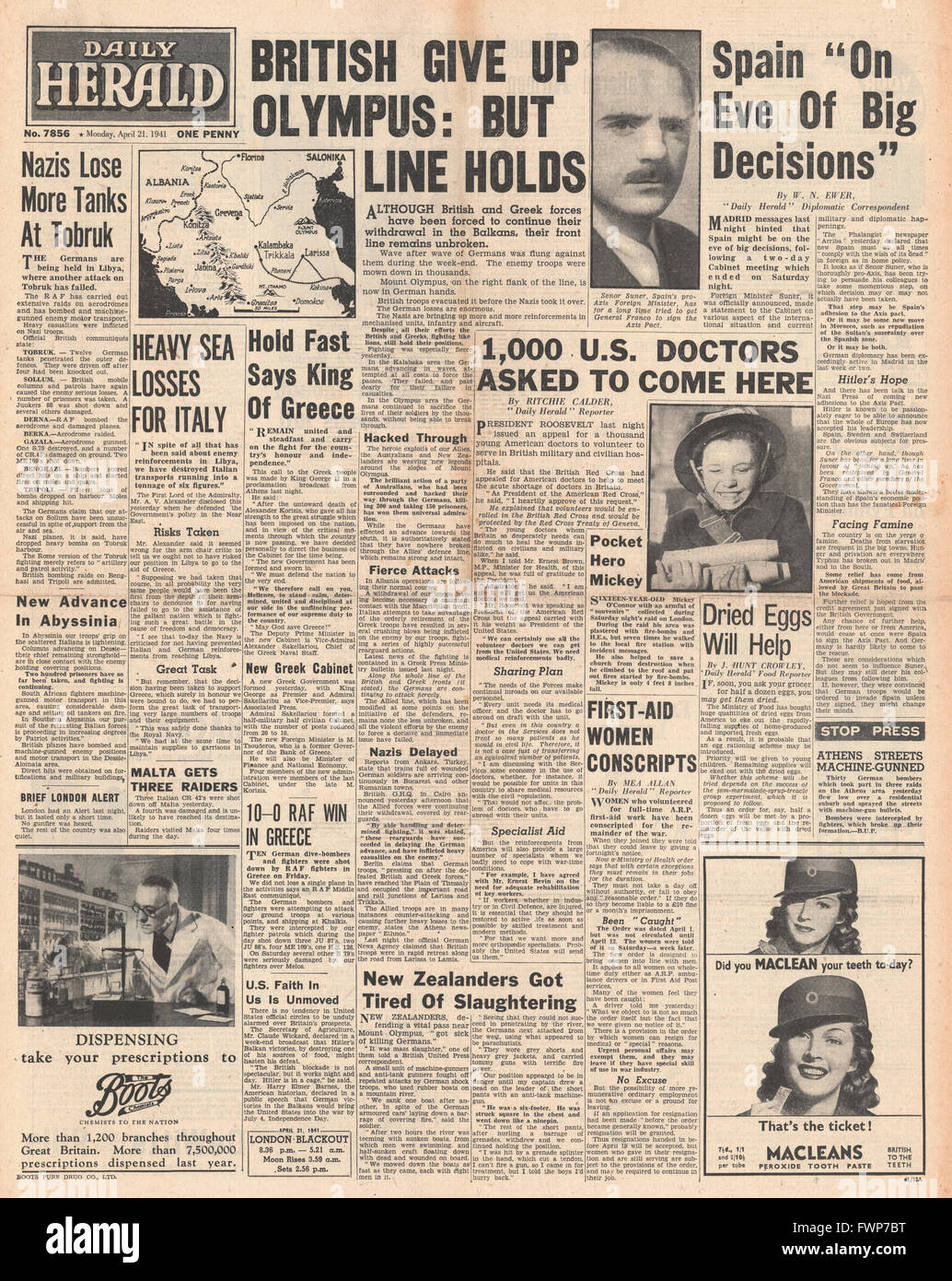 1941 front page  Daily Herald Battle for Greece Stock Photo