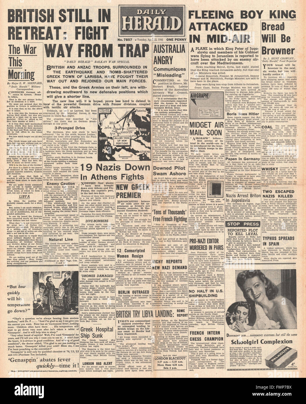 1941 front page Daily Herald Battle for Greece and King Peter of Yugoslavia flees to Jerusalem Stock Photo