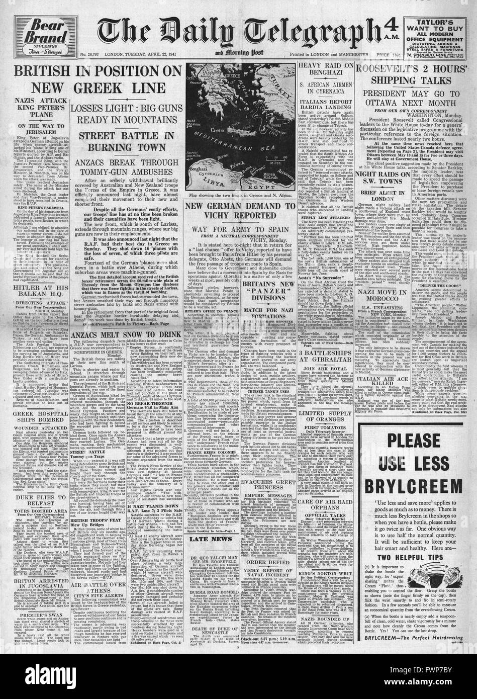 1941 front page  Daily Telegraph Battle for Greece and RAF bombing raid on Benghazi Stock Photo