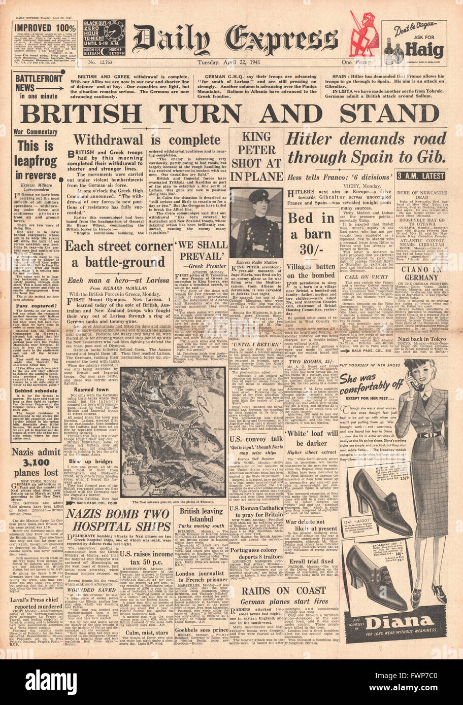 1941 front page  Daily Express British Forces stand firm in Greece Stock Photo